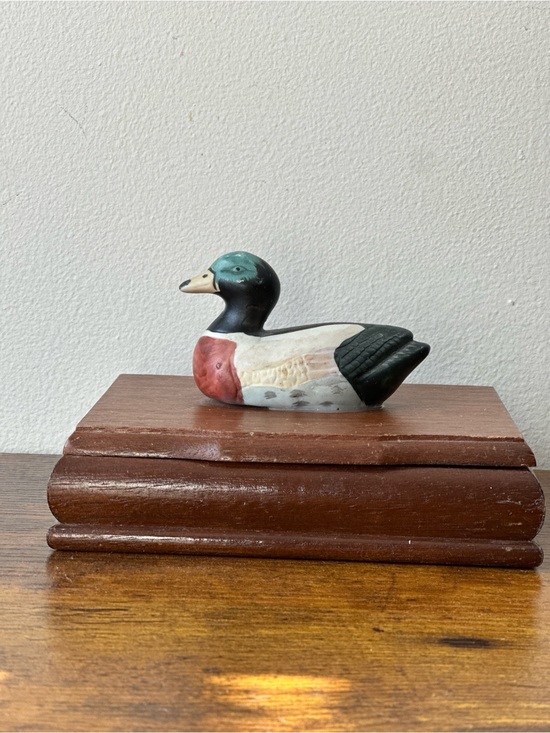 Other - Hand-Painted Wooden Duck Figurine in Green, Black, Red and Cream